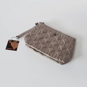 NWT Sugarfree shiny effect dark grey quilted design faux leather cosmetic bag
